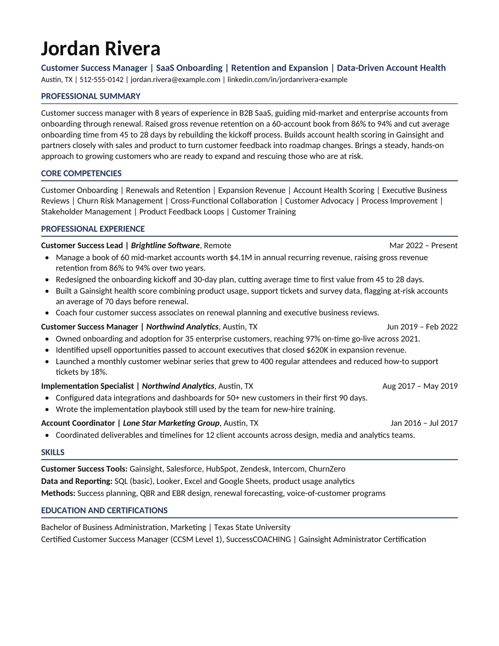 Sample tailored résumé for a fictional customer success manager, in a clean navy one-page layout